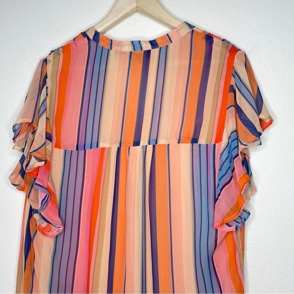 Tolani Multicolor Striped Ruffle Short Sleeve Top V Neck Round Hem Orange Blue - Picture 5 of 8
